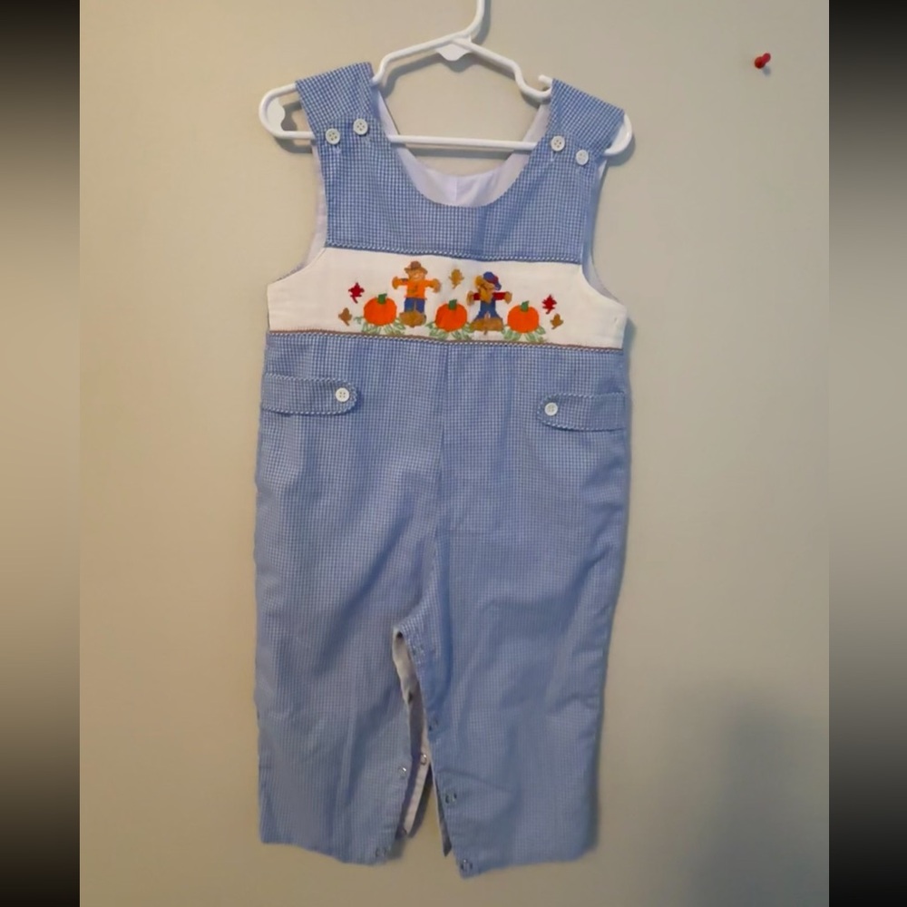 Mom & Me Pumpkin and Scarecrow Smocked Blue Gingham Longalls